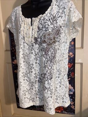 Y2K SHEER LACE BLING ROSE TOP Cream & Brown Floral Embroidered NOS VANITY